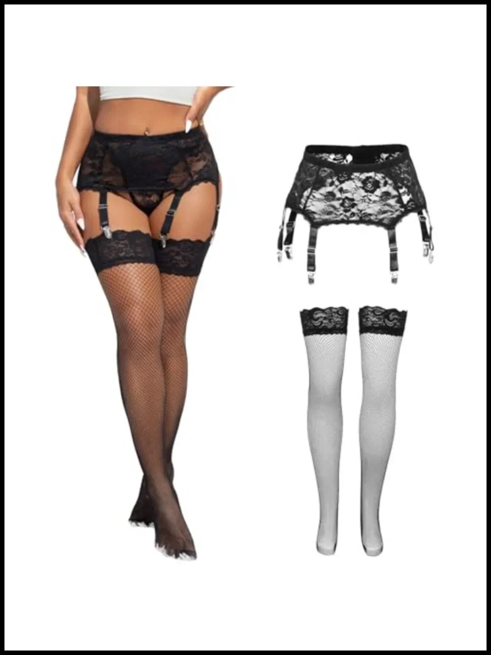 Lace Garter Belt and Thigh High Stockings Set with 6 Straps, Plus Size, Hook